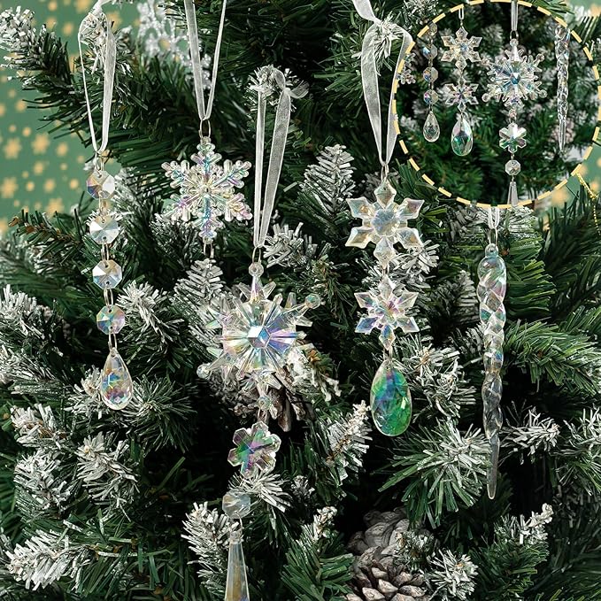 GuassLee 18pcs Crystal Christmas Tree Ornaments - Iridescent Acrylic Snowflake Icicle Drop Crystal Hanging Ornaments for Tree Iridescent Party Decor Christmas Frozen Themed Birthday Decor