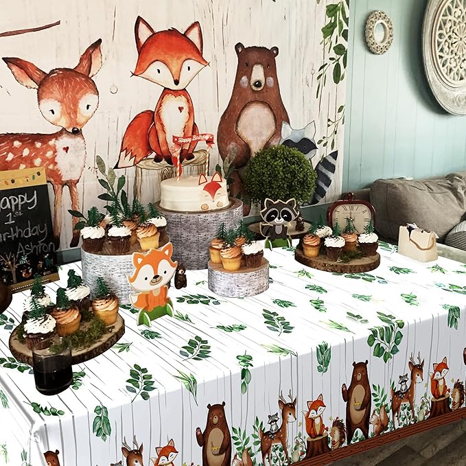 TREWAVE Woodland Animals Plastic Tablecloth Forest Wild Creatures Baby Shower Table Covers for Boy Girl Birthday Table Decoration Neutral Gender Reveal Decor Friendship Themed Party Supply 54" x 108"