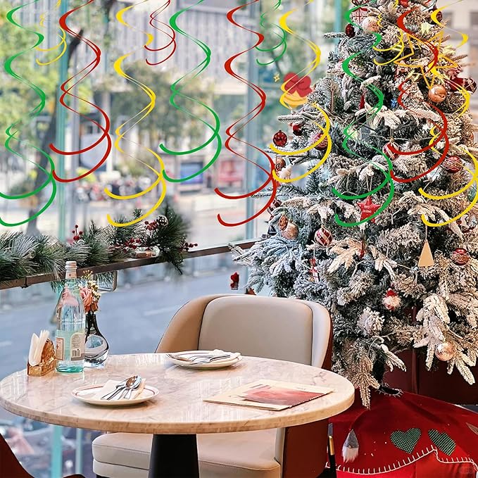 Colorful Ceiling Swirl Foil Decorations Hanging Plastic Streamer Themed Swirl Party for Christmas Carnival Celebration, Pack of 28 (Red, Green and Gold)
