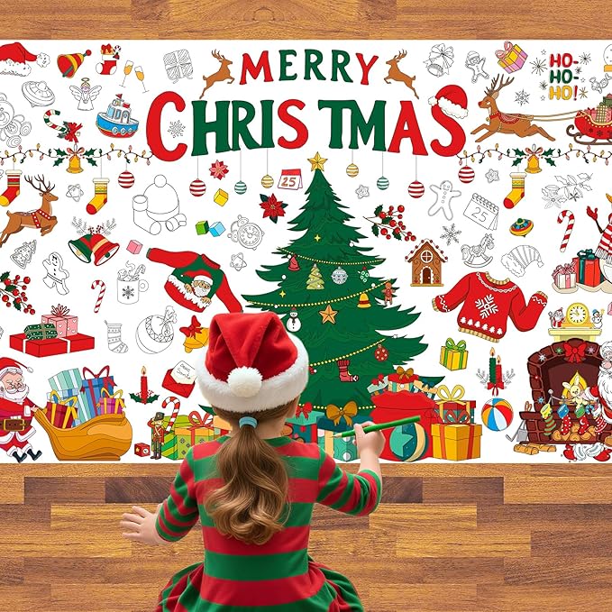 AinDen Giant Christmas Coloring Poster Tablecloth for Kids, 30×72 Jumbo Holiday Coloring Banner, Xmas Crafts & Activities for Parties, Classrooms, Kids Gifts