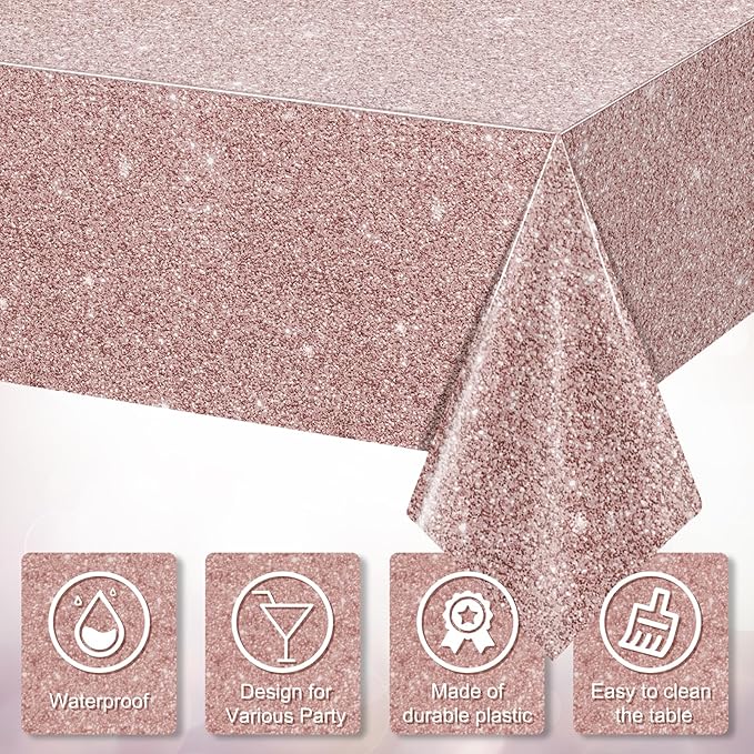 6 Pack Pink Rose Gold Birthday Tablecloth, Rose Gold Glitter Sequin Printed Plastic Table Cloth for Parties, Disposable Rectangle Pink Table Cover for Wedding Baby Shower Birthday Supplies, 54x108Inch