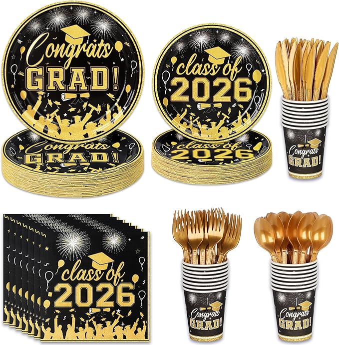 175PCS Graduation Plates and Napkins Set 2026 Graduation Party Supplies Tableware Set Include Paper Plate Napkin Cup Knife Fork Spoon for Black Gold Grad Party Decor Serve25 (Black and Gold)