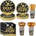 175PCS Graduation Plates and Napkins Set 2026 Graduation Party Supplies Tableware Set Include Paper Plate Napkin Cup Knife Fork Spoon for Black Gold Grad Party Decor Serve25 (Black and Gold)