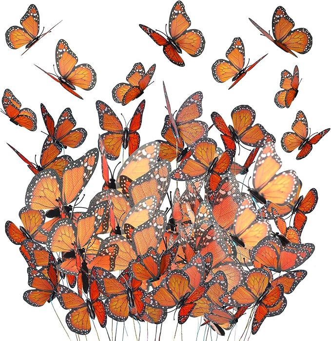Waydress 24 Pieces Halloween Monarch Butterfly Decorations 3 Size Artificial Monarch Butterflies Wall Decor 3D Butterfly Wing Wall Art with Wire for Fall Wedding Home Bedroom Decorations(Orange)