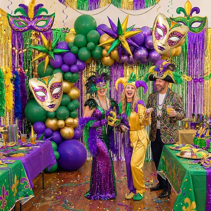 Mardi balloon garland arch kit Purple green gold with star Crown and Crown Mask Balloons for Gorgeous Funny Grand Fat Tuesday Party decorations