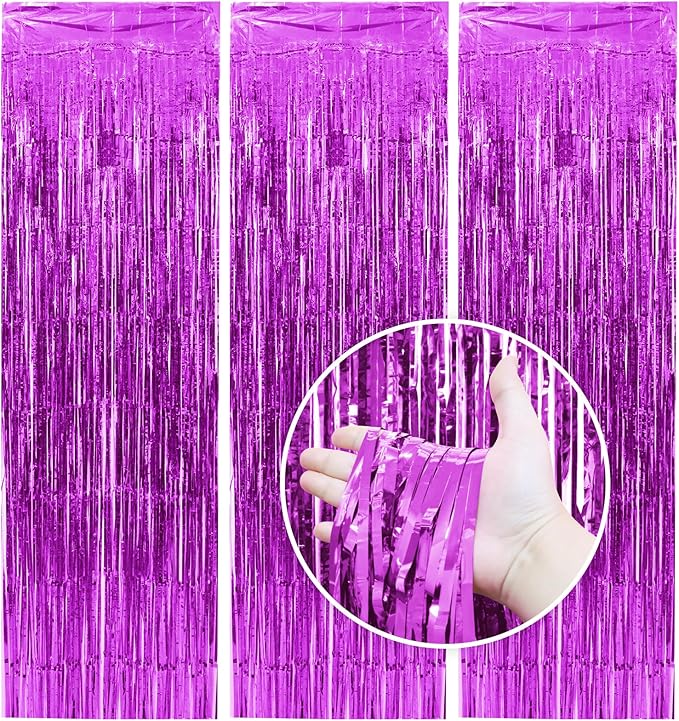 Homiest 3 Pack Hot Pink Tinsel Backdrop, 3.3x6.6 FT Metallic Tinsel Foil Fringe Curtains Party Decorations, Birthday Door Streamers for Baby Shower Wedding, Photo Booth Props Background Wall Decor