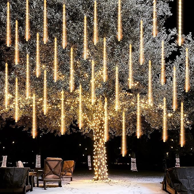 Dazzle Bright 1728 LED Christmas Light, Meteor Shower Rain Lights 11.8 Inch 48 Tubes, Waterproof Plug in Falling Rain Lights Decorations for Xmas Tree Yard Party (Warm White)