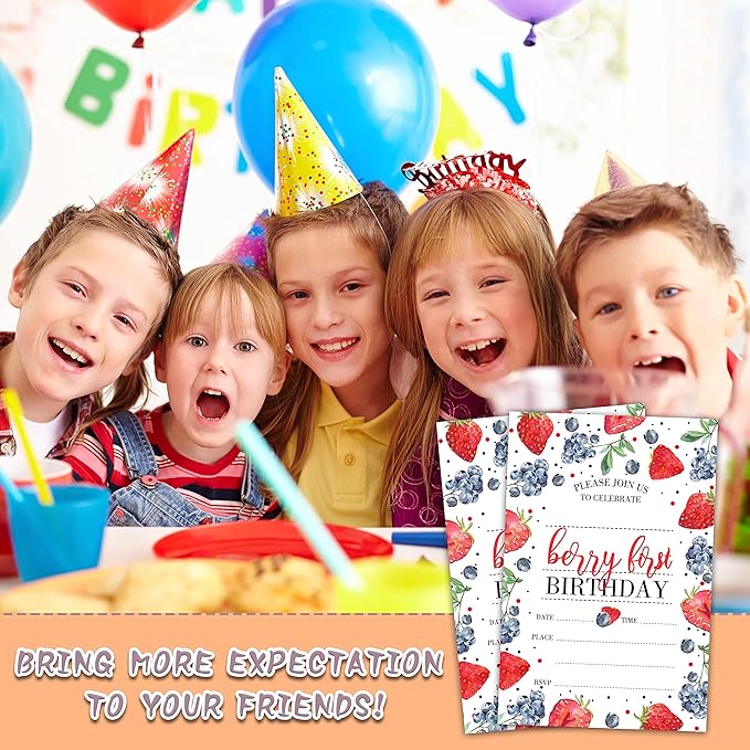Birthday Invitations, 4"x6" Berry First Strawberry and Blueberry Birthday Party Invitations with Envelopes for Baby Girl 1st Birthday Party Decorations Supplies(20 Pieces)-C05