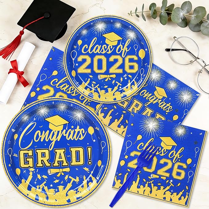 100 Pcs Graduation Plates and Napkins Party Supplies Set,Serves 25 Guests Blue Gold 2026 Graduation Plates and Napkins,Disposable Paper Tableware Set for Graduation Party Decorations