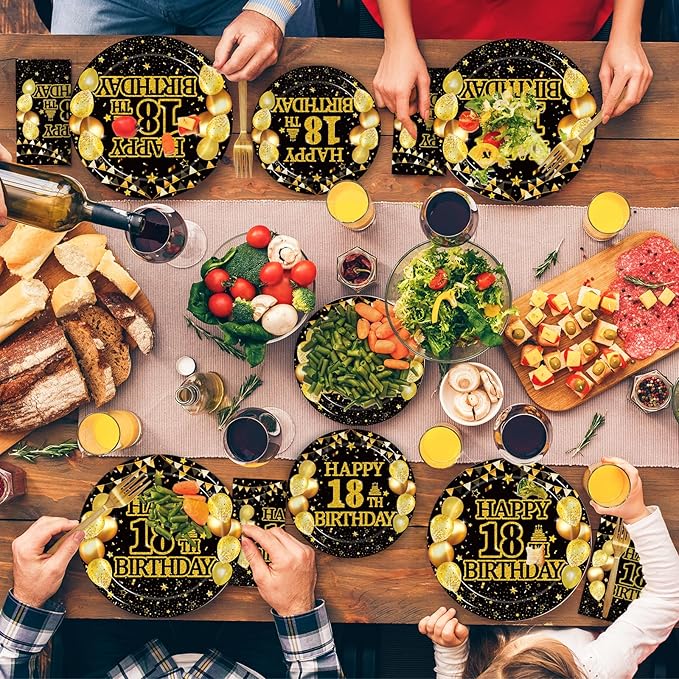 96Pcs 18th Birthday Party Tableware Set, Black Gold Time To Adult Birthday Party Decorations Supplies for Boys Girls Cheers to 18 Years Disposable Paper Plates Napkins Forks Favors, Serve 24