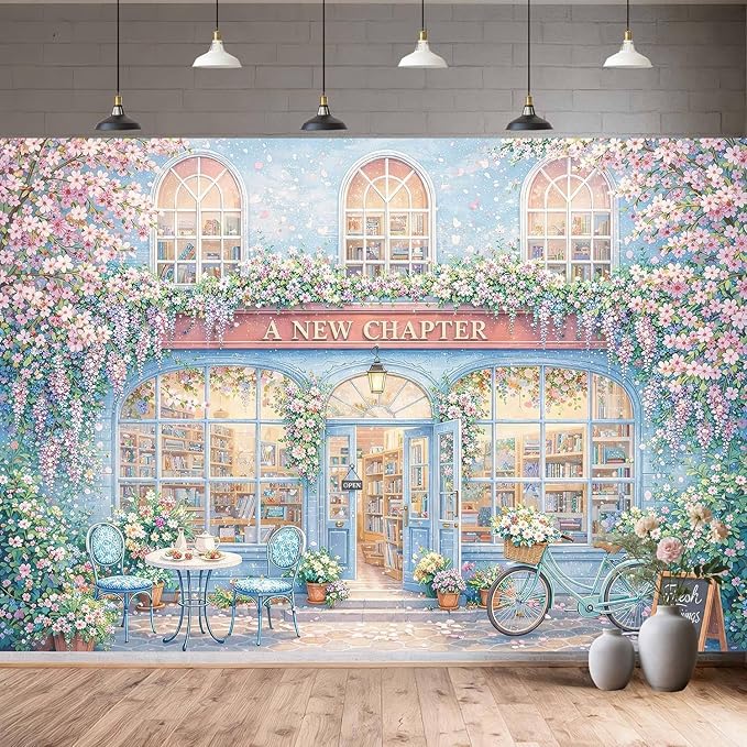 7X7ft A New Chapter Begins Backdrop Bridal Shower Blue Floral Book Shop Wedding Engagement Photography Background Bridal Shower Party Decoration Supplies Cake Table Photo Booth Studio Props