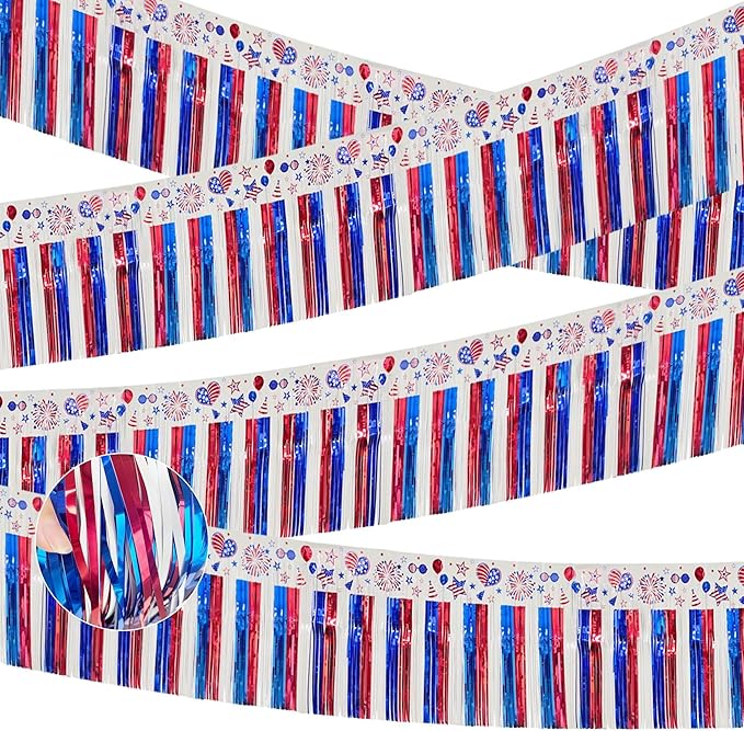 4 Pack 39Ft 4th of July Parade Floats for Trailer Car, Flag Stripes and Stars Patriotic Foil Fringe Garland Tinsel Streamers Banner Table Skirts for 4th of July Graduation Homecoming Party (Flag)