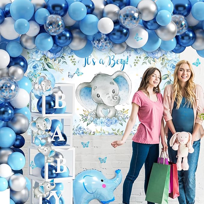 Elephant Baby Shower Decorations for Boy Elephant Themd Birthday Party Supplies Balloon Garland It's a Boy Backdrop Tablecloth Cake Toppers Foil Balloon for Baby Shower Decor