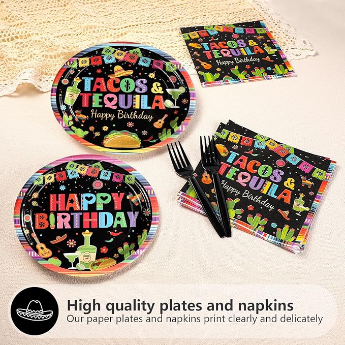Grencian 96Pcs Taco and Tequila Birthday Party Supplies Mexican Fiesta Paper Plates and Napkins Mexican Colorful Stripe Disposable Tableware Set for Cinco De Mayo Birthday Party Decorations Serves 24