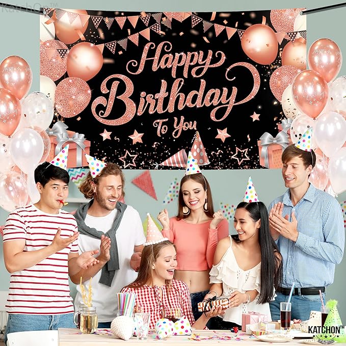 KatchOn, XtraLarge Rose Gold Happy Birthday Banner - 72x44 Inch | Black and Rose Gold Happy Birthday Decorations for Women | Rose Gold Party Decorations, Bday Backdrop for Girls