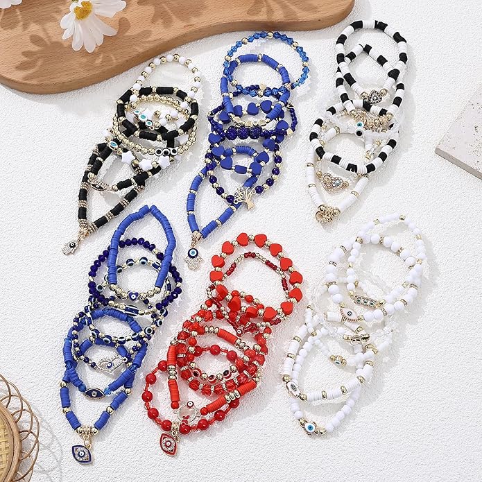 Cooluckday 36 Pcs Holiday Heishi Surfer Bracelets for Women Bulk Easter Mother's Day Christmas St. Patrick's Day Mardi Gras Bracelet Stackable Stretch Friendship Bracelets Set