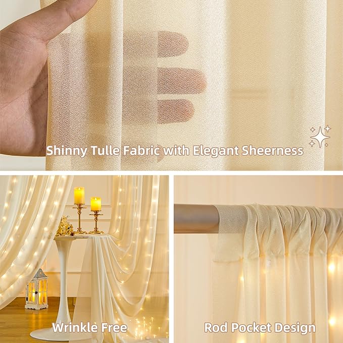 10x10FT Champagne Wrinkle Free Backdrop Curtains with Lights String for Parties - Photo Curtain Backdrop with Lights for Wedding Decorations, Bridal Baby Shower Birthday Party Photography Background