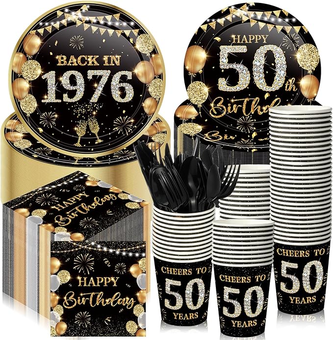 240 Pcs 50th Birthday Decorations 1976 Birthday Party Tableware Include Plates Napkins 9oz Cups Cutlery 50th Anniversary Party Supplies for Men Women Him Her, Serve 30 Guests (Black Gold)