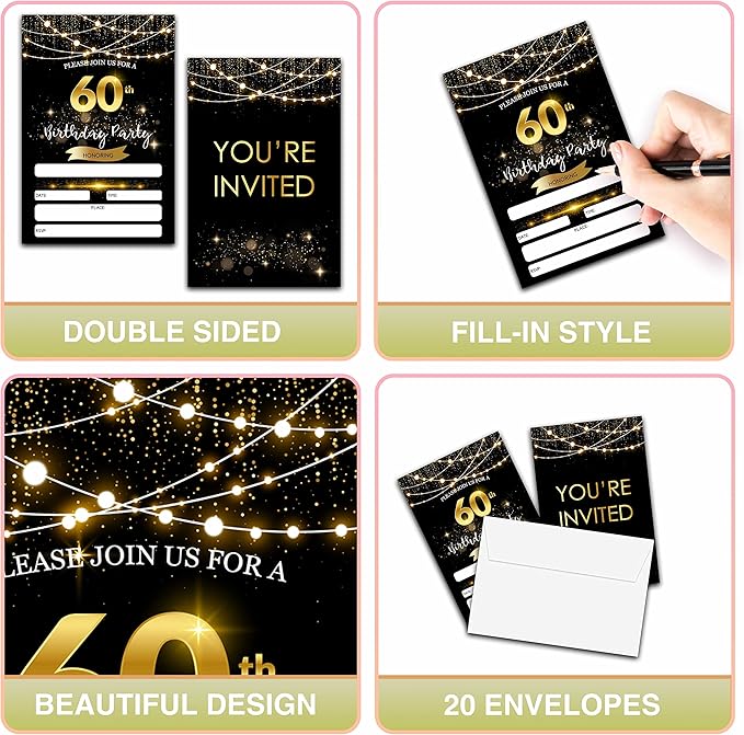 60th Birthday Invitations with Envelopes - Black Gold Glitter Fill-in Invites Cards - Surprise Birthday Party Invitation Card for Him/Her - Adults Birthday Party Favors Supplies Decorations (20 Pack)