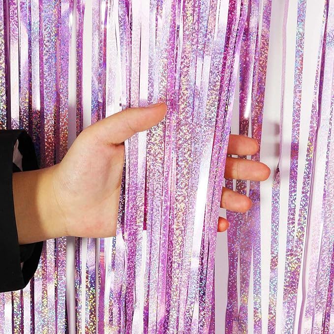 Light Purple Fringe Curtain Backdrop, 2 Pack Tinsel Foil Fringe Curtains Party Decorations Streamers, Xmas Light Purple Metallic Glitter Backdrop for Birthday Wedding Bridal Shower Photo Booth