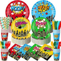 450 Pcs Hero Theme Tableware Set Decorations, Hero Action Themed Disposable Paper Plates Napkins Cups Cutlery Straws for Comic Birthday Baby Shower Party Supplies, Dinnerware Serves 50