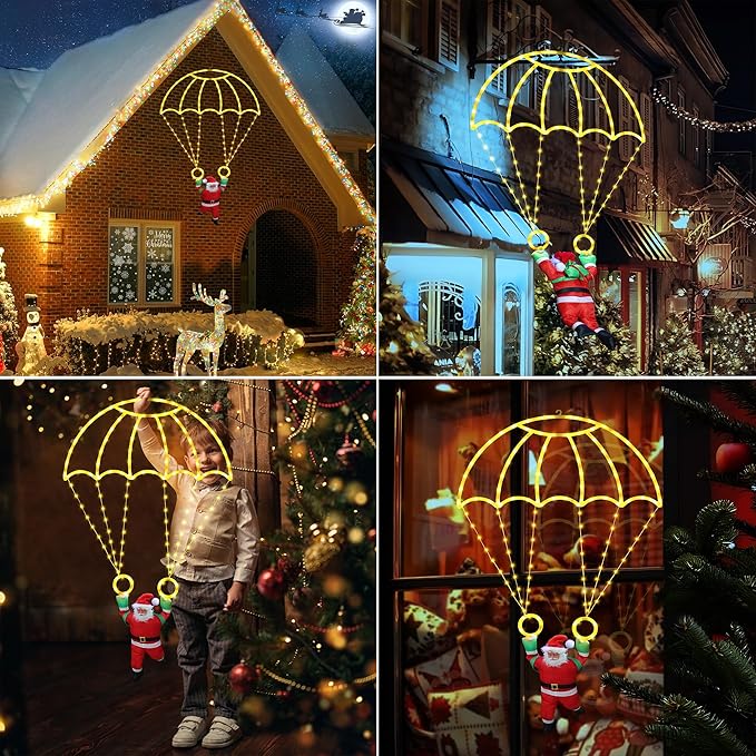 Toodour Christmas Decorations Lights Outdoor, 2.8FT Christmas Parachute Lights with Santa Claus, Waterproof 8 Modes Hanging Warm White Xmas Light - Holiday Decorative Light for Indoor Eave Roof
