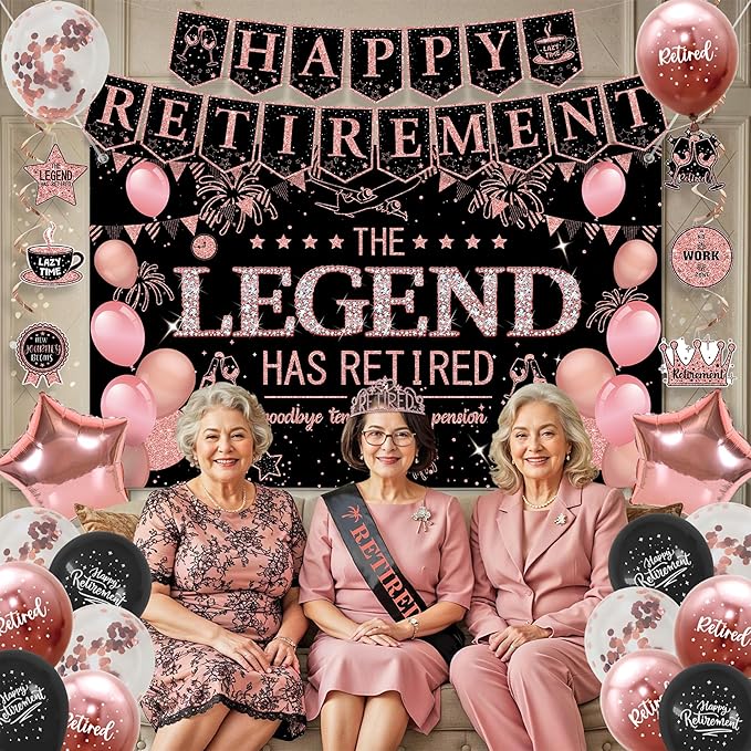 Roetyce Retirement Party Decorations Women, Black and Pink Happy Retirement Banner Backdrop Balloon Hanging Swirls for Coworker, Rose Gold Lengend Has Retired Sash & Crown, Office Retired Background