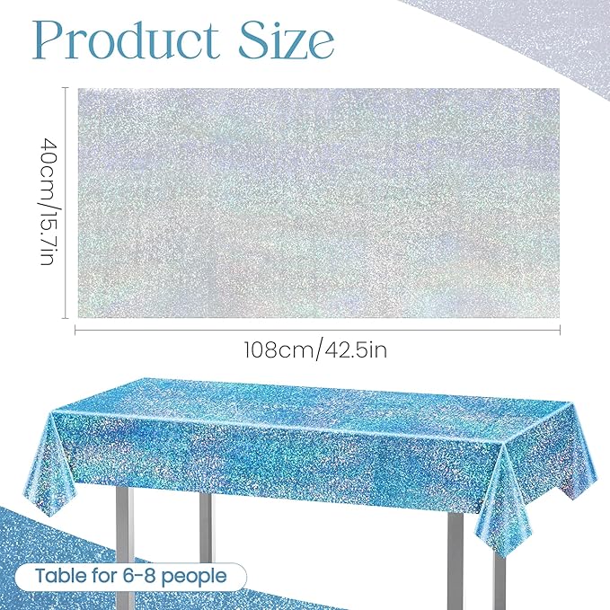 Sparkling Holographic Laser Tablecloth - Shimmering, Waterproof, Easy to Clean - Ideal for Bachelorette, Birthday, Wedding, and Anniversary Party Decorations (Light Blue & Silver, 2)