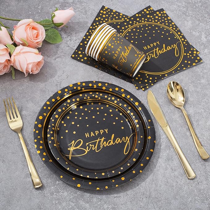 175PCS Happy Birthday Disposable Dinnerware Set Party Supplies, Paper Black Gold Plates and Napkins with Gold Plastic Forks Knives Spoons Serve 25 Guests for Birthday Party Decoration