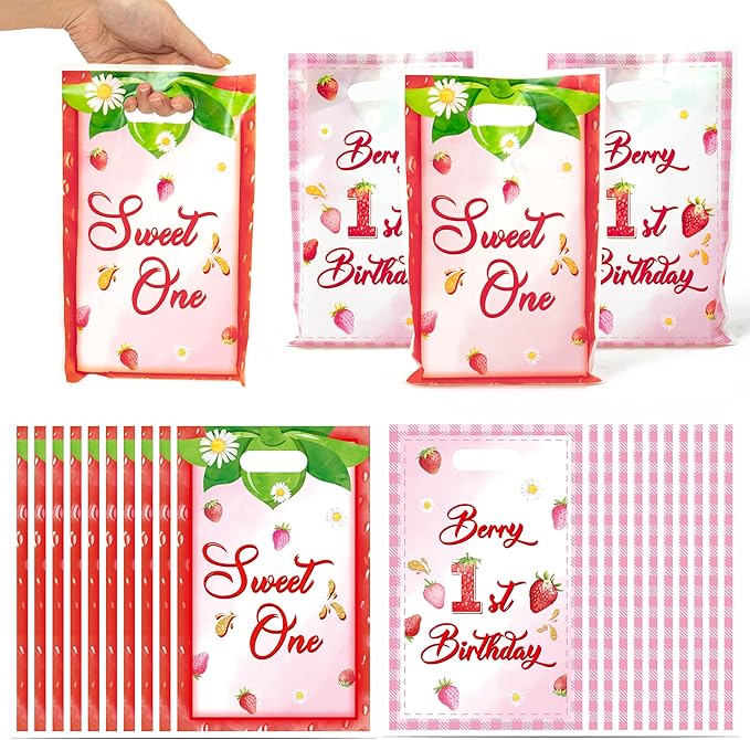 ArianQicult Berry First Birthday Party Favor Bags - 50Pcs Strawberry Sweet One Goody Candy Treat Gift Bags 1st Birthday Party Decorations for Kids Boys Girls Baby Shower Party Supplies