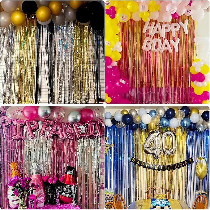 Pink Backdrop Birthday Party Decorations 3.3x8.2ft, 2 Pack Tinsel Foil Fringe Curtains for Valentines Day, Door Streamers for Galentines Easter Mother's Day Friendsgiving Barbie Princess Wedding