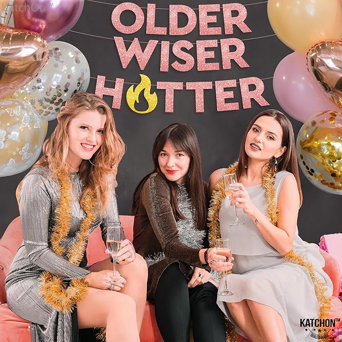 KatchOn, Glitter Older Wiser Hotter Banner - No DIY, 10 Feet | Rose Gold Birthday Banner, Birthday Decorations For Adult Women | 30th 40th 60th 70th 50th Birthday Decorations Sign