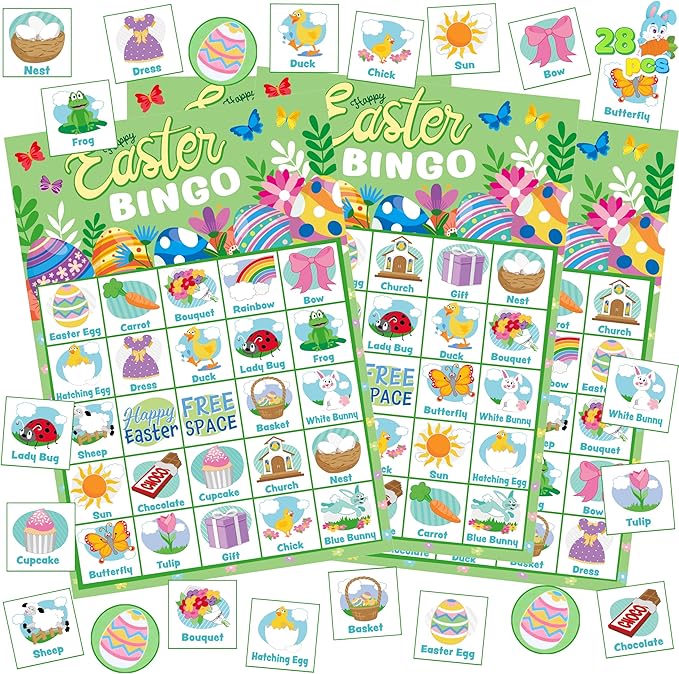 JOYIN 28 Players Easter Bingo Cards (5x5) for Easter Party Goodies Games, Kids School Classroom Gift, Indoor Family Activities, Basket Filler Stuffers