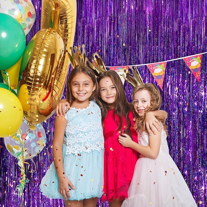 Purple Metallic Tinsel Foil Fringe Curtains, 2 Pack 3.3x8.3 Feet Party Streamer for Birthday Party Decorations, Halloween Decor, Foil Curtain Backdrop for Bachelorette Party