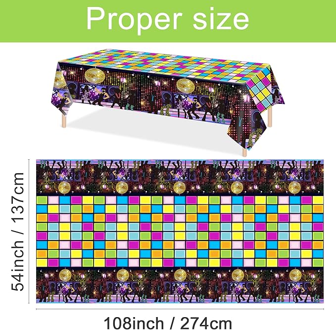 3 Pieces Disco Tablecloth for 70's Disco Party Decoration 70s Table Cover Plastic Rectangle Table Decor for woman and man 1970s Fever Music Record Neon Night Birthday Party Supplies 54 x 108 Inch