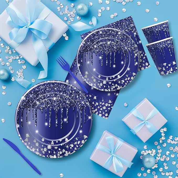 Navy Blue Plates And Napkins Party Supplies, Blue Glitter And Silver Party Decorations Tableware for Bridal Shower Birthday Baby Shower, Paper Plate, Napkin, Cup, Disposable Cutlery, Serves 24