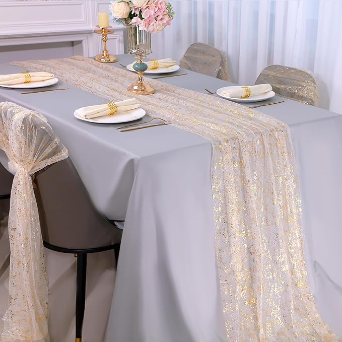 Snowkingdom 10 Ft Gold Table Runner, Sheer Gauze Chiffon Tulle Cheesecloth Sequin Glitter Metallic Foil, Table Decorations for Home Wedding Anniversary Party Birthday Holiday Christmas Thanksgiving