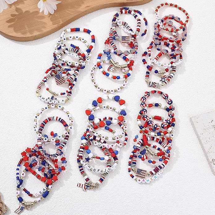 Cooluckday 36 Pcs Holiday Heishi Surfer Bracelets for Women Bulk Easter Mother's Day Christmas St. Patrick's Day Mardi Gras Bracelet Stackable Stretch Friendship Bracelets Set