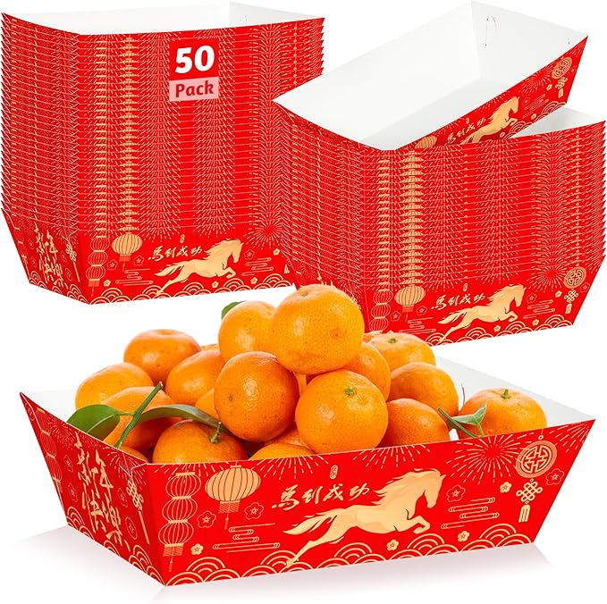 50 PCS Chinese New Year Decorations 2026, Spring Festival Food Paper Trays, Disposable Chinese New Year Candy Trays Food Boats, Year of The Horse Decorations for Taco Burger Popcorn