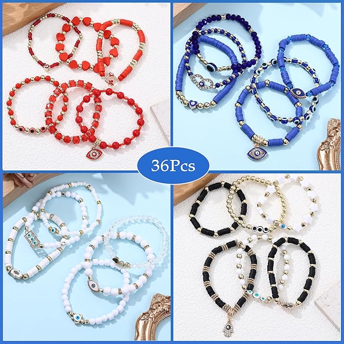 Cooluckday 36 Pcs Holiday Heishi Surfer Bracelets for Women Bulk Easter Mother's Day Christmas St. Patrick's Day Mardi Gras Bracelet Stackable Stretch Friendship Bracelets Set