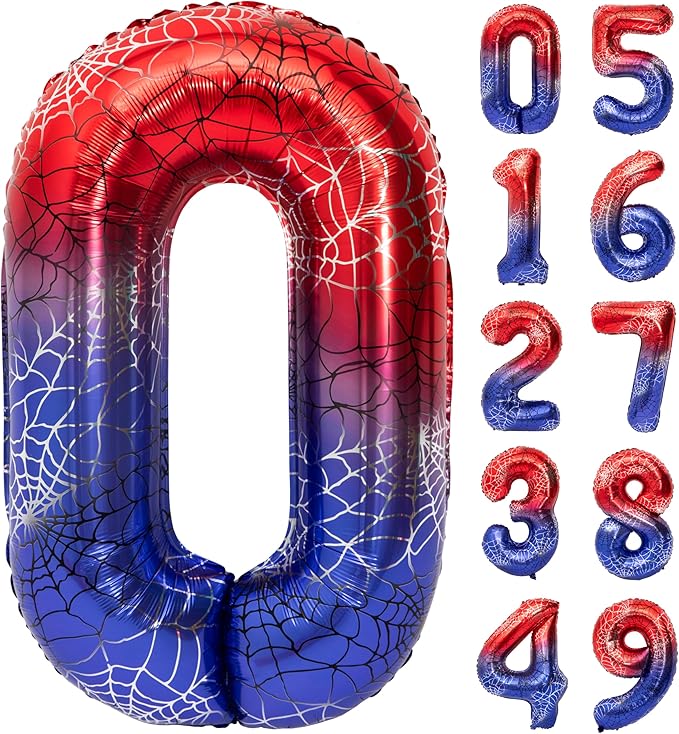 40 Inch Red and Blue Spider Theme Large Number 0 Balloon Giant Foil Birthday Balloon For Children's Birthday Spider Theme Party Decorations Baby Shower Decorations