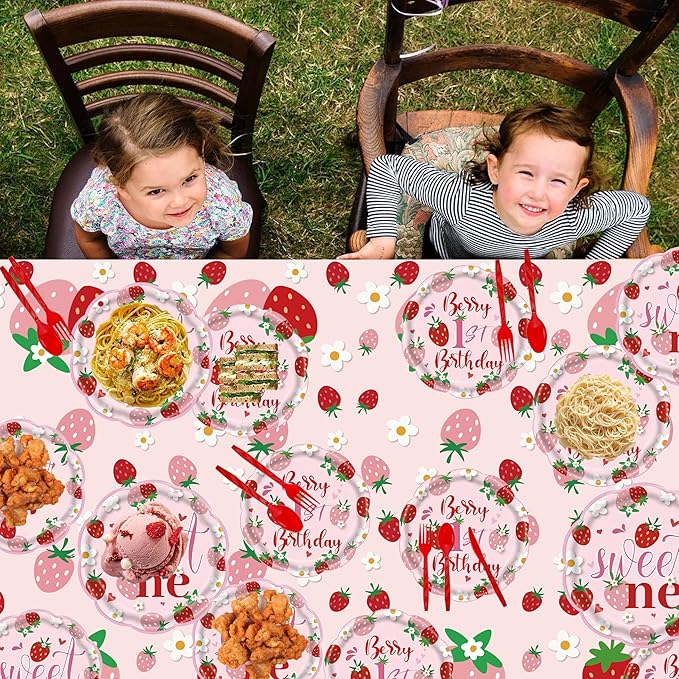 Berry First Birthday Decor, 194Pcs Strawberry Party Supplies Serves 24 Guests Includes Plates, Cutlery, Cups, Napkins, Tablecloth & Banner