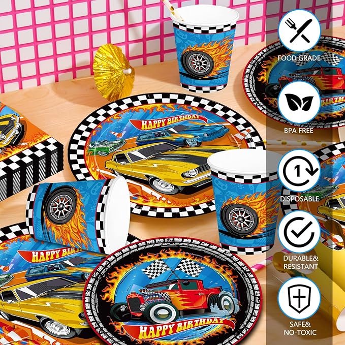 168pcs Racing Car Birthday Party Decorations Race Car Plates Napkins Disposable Parper Cups Blue Forks Tableware Set Party Supplies for Kids Boys Birthday Decor 24 Guests