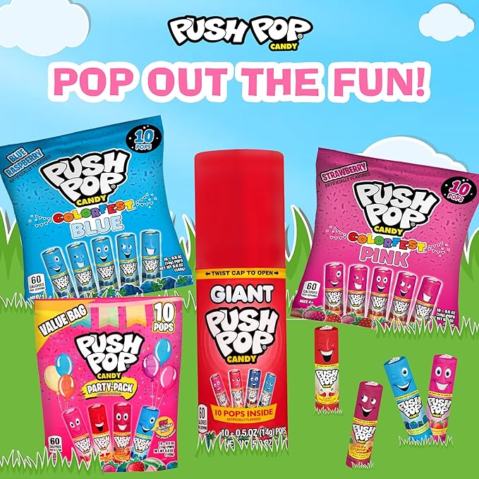 Push Pop Easter Candy Variety Pack, 10 Ct Lollipops Individually Wrapped in Fruity Flavors, Bulk Individually Wrapped Hard Candy, Birthday Party Favors, Easter Basket Stuffers, Egg Fillers, Kids Gifts