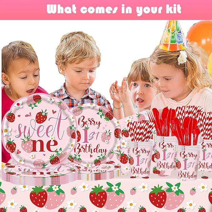Berry First Birthday Decor, 194Pcs Strawberry Party Supplies Serves 24 Guests Includes Plates, Cutlery, Cups, Napkins, Tablecloth & Banner