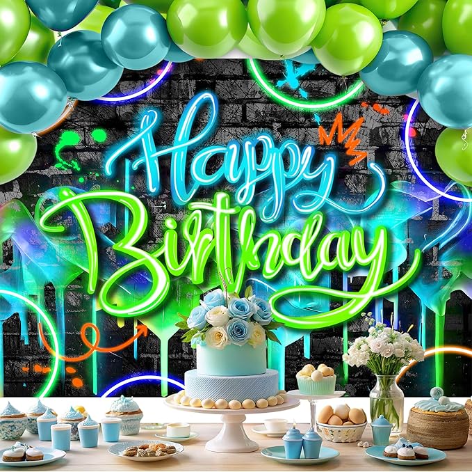 Imirell Neon Birthday Backdrop 7Wx5H Feet Glow-in-The-Dark Fluorescent Graffiti Fluid Brick Wall Funny Colorful Polyester Fabric Cool Photography Backgrounds Photo Shoot Decor Props Decoration