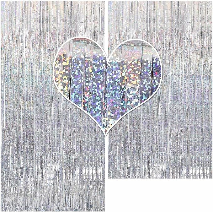 Foil Fringe Curtains - 2 Packs 3ftx8ft Sparkle Metallic Curtains Party Decorations Photo Booth Decorations Party Supplier - Sliver