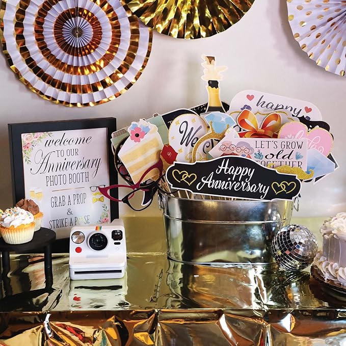 Anniversary Photo Booth Props - 41-pc Photobooth Kit with 8 x 10-Inch Sign, 60 Adhesive Pads, 45 Sticks - Wedding Anniversary Photo Props - Wedding Photo Booth Props