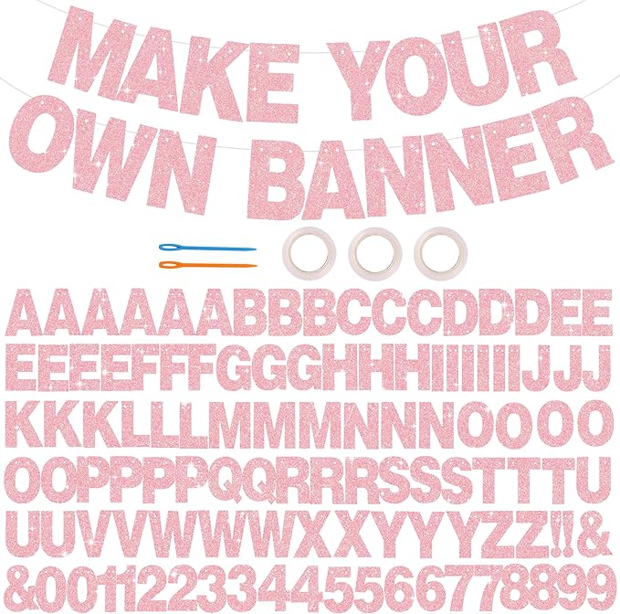 BEISHIDA 116 PCS A-Z DIY Letter Banner Kit Make Your Own Banner Glitter Dark Pink Including 111 Letters and Numbers 3 Rope and 2 Threading Device,Customized for Birthday Graduation Wedding Party Decor