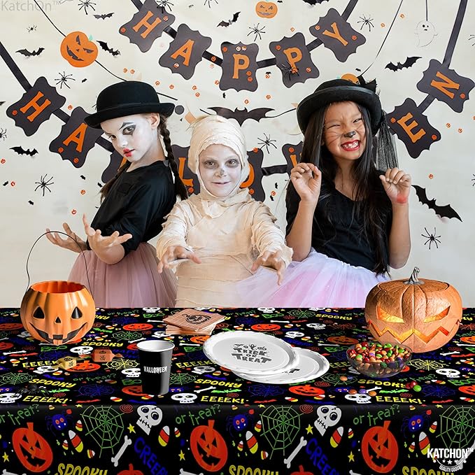 KatchOn, Plastic Halloween Tablecloth- XtraLarge 54x108 Inch, Pack of 3 | Plastic Table Cover for Halloween Decorations Indoor | Spooky Table Cloth, Spooky Party Decorations | Happy Boo Day TableCloth